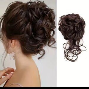 Dark Brown Curly Messy Hair Bun Extension - Instant Updo